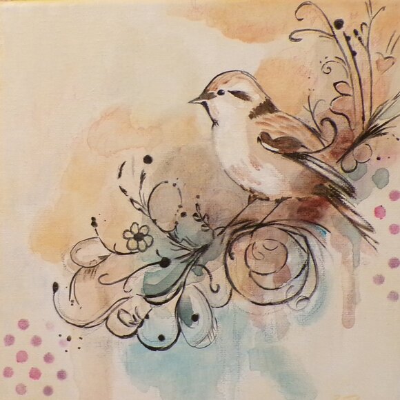 Original Painting Bird on Branch Abstract Realism Wall Art Decor - Picture 1 of 3